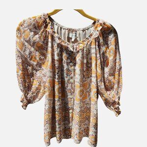 Joie Silk S Floral Boho Peasant Top Puff Sleeves Ruffle Neckline Sheer Lined